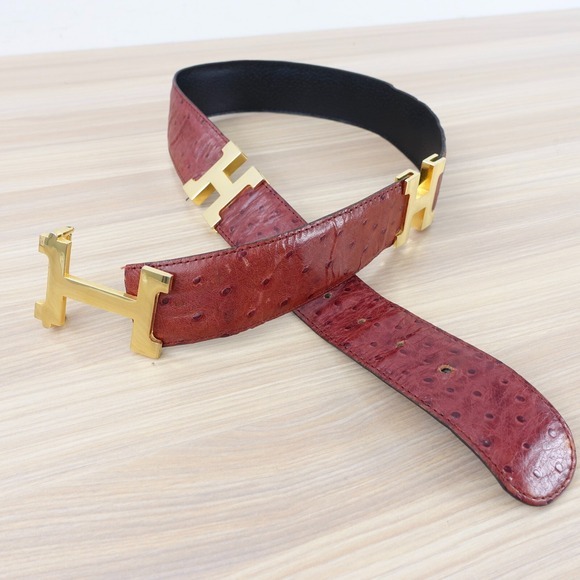 Ostrich Belt Real Leather H Gold Buckle Stud Logo Red Bordeaux FRANCE 28 70 RARE